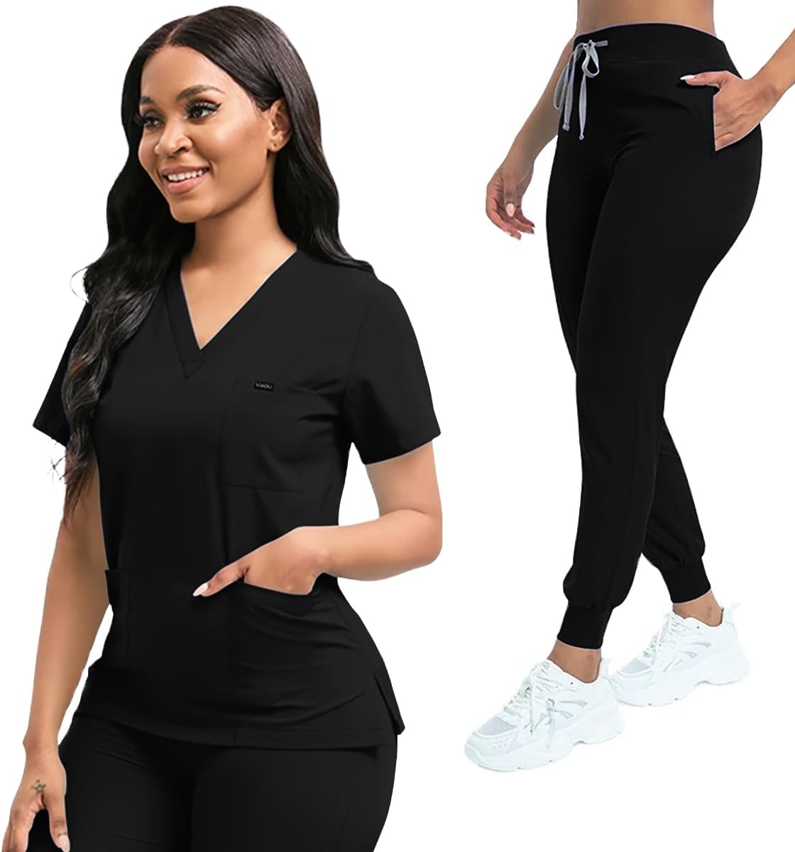 Scrubs for Women Set, Womens V-Neck Top & Jogger Scrub Pants, Nursing Uniform Scrubs Set with 8 Pockets