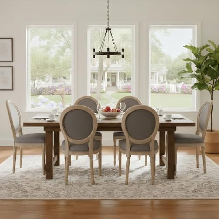 Hyfirm Grey French Country Dining Chairs Set of 6, Upholstered Farmhouse Dining Room Chairs with Round Linen Back, Distressed Wood Kitchen Chairs for Dining Room, Living Room, Bedroom