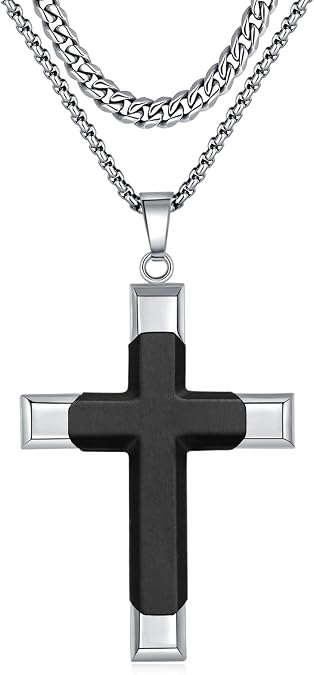 Wooden Cross Necklace for Men, Real Ebony Inset In 316L Stainless Steel Christian Wood Crucifix Pendant, Includes 2 Cuban Chains