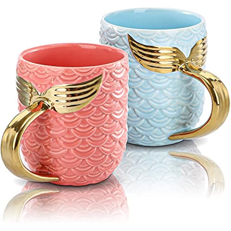 Youeon 12 Oz Ceramic Coffee Mugs with Scaled Texture Set of 2, Pink & Blue Mug Set with Metallic Tail Handle, Gift for Valentine, Anniversary, Couples, Her or Him
