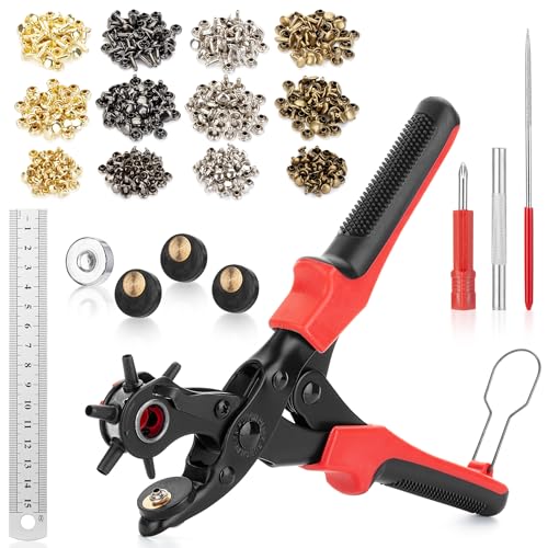 UNCO- Leather Hole Punch Tool Set with 240 Leather Rivets, Red Handle, Multi Punch Sizes, Rotary Belt Hole Puncher for Leathers, Belts, Straps, Pet Collars, Shoes, Saddles, Canvas & DIY Crafts