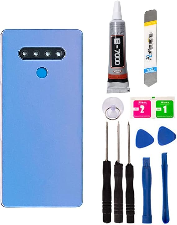 Replacement Repair Battery Back Glass Cover Back Replacement for LG Stylo 6 Q730, with Tape and Tools (No Fingerprint) (with Camera Lens) (Blue)