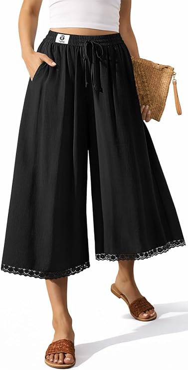TARSE Women's Linen Culottes Palazzo Capri Pants Casual with Pockets | Lightweight & Breathable for Summer, Flowy Wide Leg, High Waist with Drawstring, Beach, Dressy & Lounge, Stylish Lace Trim