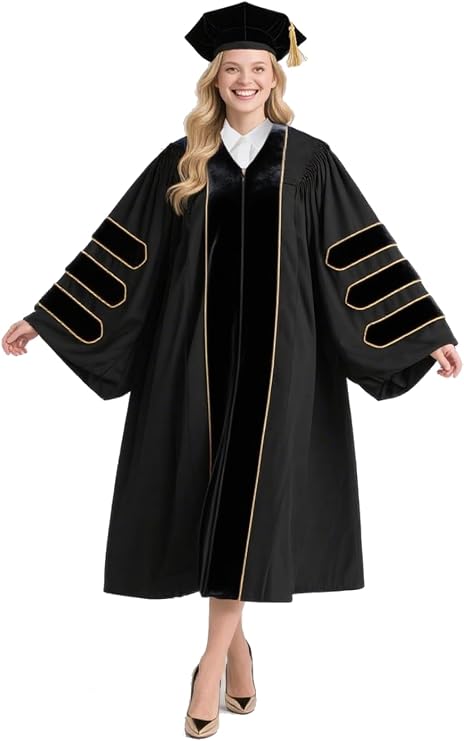 GradPlaza Doctoral Gown with Gold Piping, 8 Sided Tam Academic Regalia