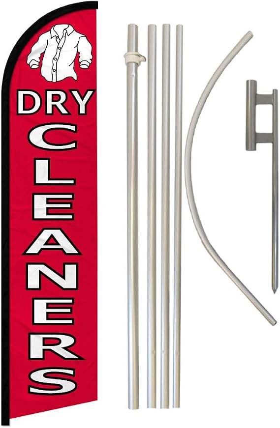 Dry Cleaners Windless Banner Advertising Flag & Pole Kit - Perfect for Dry Cleaning Services, Laundromats, Laundry Services
