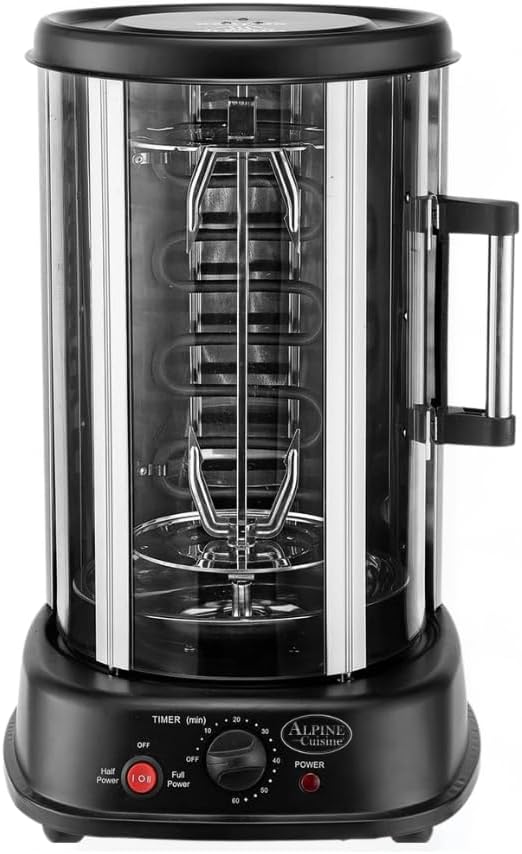 Alpine Cuisine 21L 1500W Vertical Rotisserie Grill with Auto Shut-Off | Multifunctional Kitchen Appliance for Roasting, Grilling & Baking | Includes Rotisserie Spit, Kebab Skewers & Forks, Black