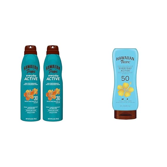 Hawaiian Tropic Everyday Active Sunscreen SPF 30 Twin Pack and SPF 50 Lotion | Sunscreen Bundle with 6oz Spray and 8oz Lotion