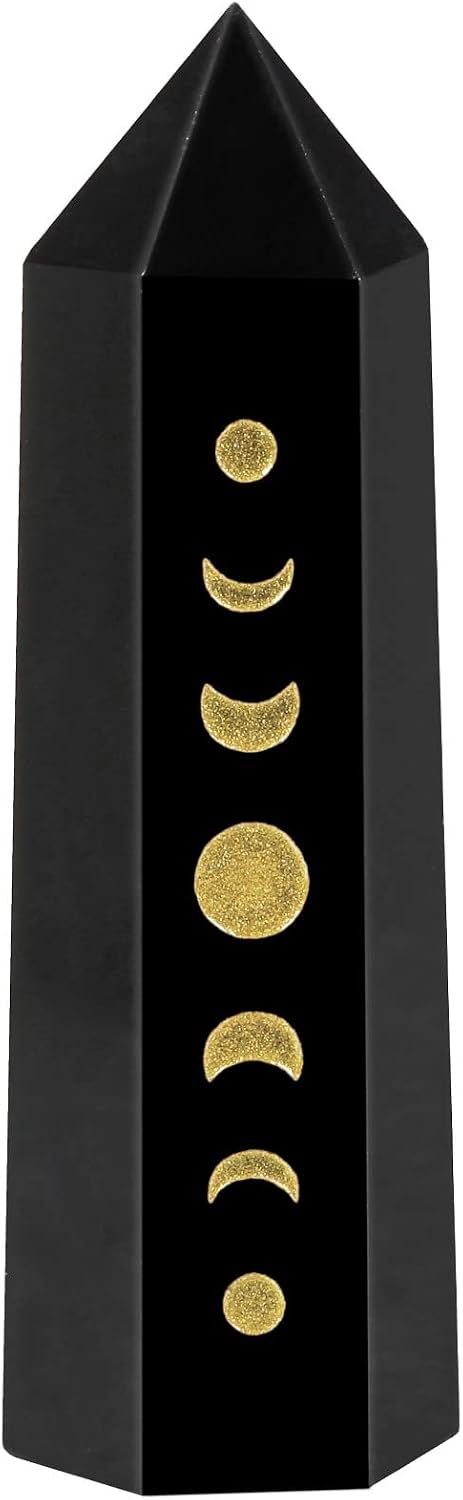 Amogeeli Wicca Moon Phase Black Obsidian Stone Point Wand for Reiki Meditation, 6 Faceted Prism Healing Crystal Decoration for Home & Office
