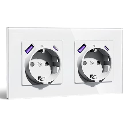 Schuko Socket with USB-C 20 W PD USB-A Flush-Mounted 86 x 157 mm 16 A EU Double Socket with Glass Frame Quick Charge Type F with Earth Easy Installation (Folding Claws) 2-Way White