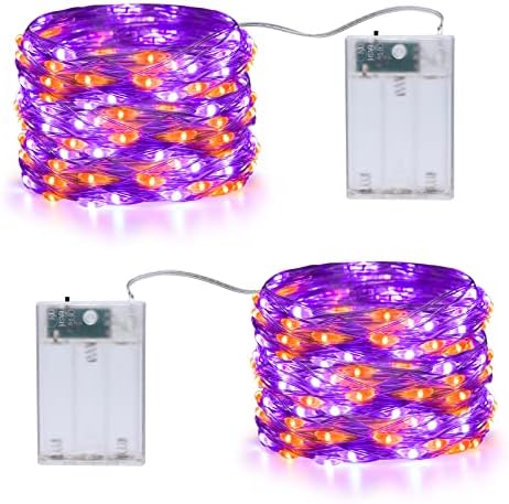 Joomer Orange Purple Battery Halloween Fairy Lights, 2 Pack 16.4FT 50LED 2 Modes Twinkle String Lights for Indoor Outdoor Halloween Decorations