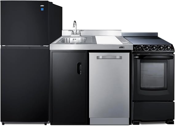 Summit 80" All-in-One Kitchenette, Full Sized Refrigerator-Freezer, Dishwasher, 4-Burner Electric Range, Sink - ACK80HT