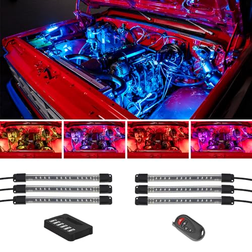 LEDGlow 6pc Million Color LED Engine Bay Under Hood Lighting Kit - Multi-Color Underhood Lights for Car & Truck - 15 Solid Colors - 9 Modes - 6 Flexible Tubes - Includes Control Box & Wireless Remote