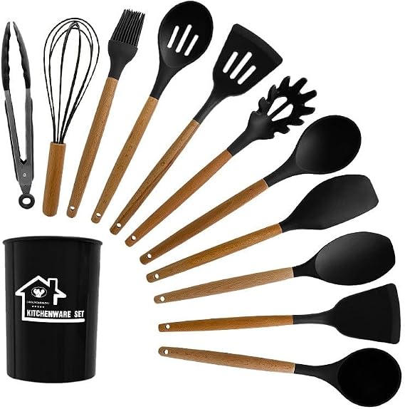 Kitchen Utensil Set with Holder, 11 Piece Cooking Tools with Wooden Handles, Black Silicone