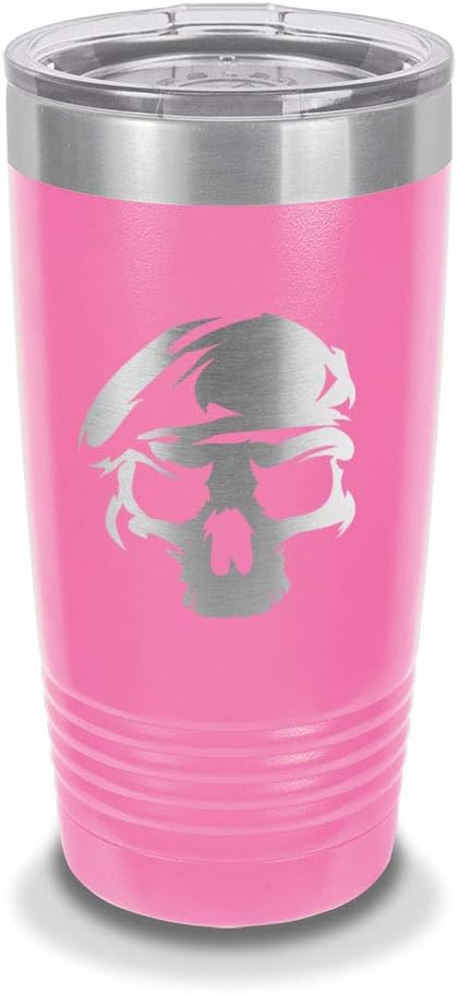 US Army Ranger Skull 20 oz Laser Engraved Polar Camel Stainless Steel Vacuum Insulated Tumbler w/Clear Lid rangers unit special forces - Customizable - Pink