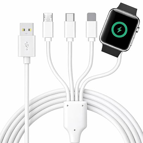 TOP-UP 4 in 1 Watch & Phone Charger Cable Travel Essentials Multi Charging Cable for Apple Watch, iPhone, USB-C & Micro, Multi Device Charger Cord, 4FT