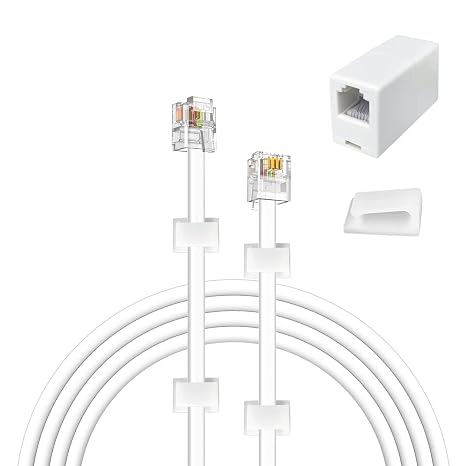 16 Feet Telephone Cable(RJ11 6P4C Plug) Include 1 in-Line Couplers(Double RJ11 6P4C Female) and 10 Cable Clips, White
