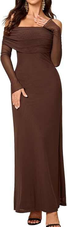 Colysmo Women Long Sleeve Mesh Off Shoulder Bodycon Maxi Dress Formal Wedding Guest Fall Dresses for Women 2025