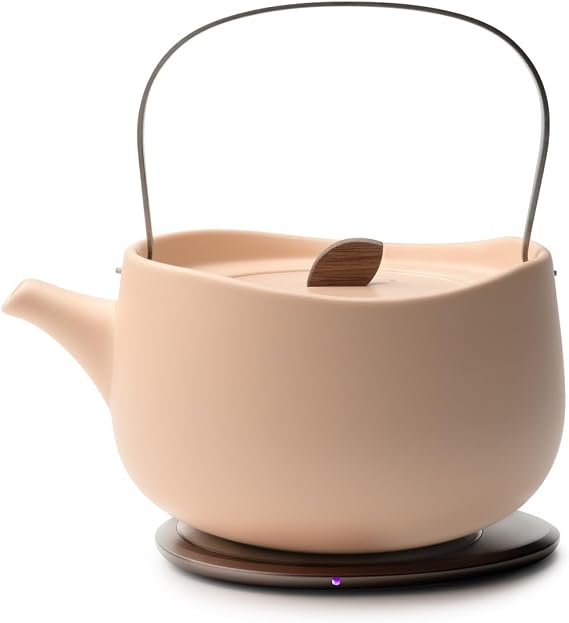 Leiph Self-Heating Teapot Set Rosy Apricot | 20 fl oz / 600 mL Ceramic Electric Smart Tea Pot with Cups, Strainer, and Heating Pad