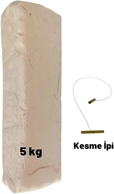 Beyaz Seramik Hamuru, Doğal Kil Çamuru, Oyun Hamuru, 5 Kg, Çamur Kesme Teli-ipi beyaz
