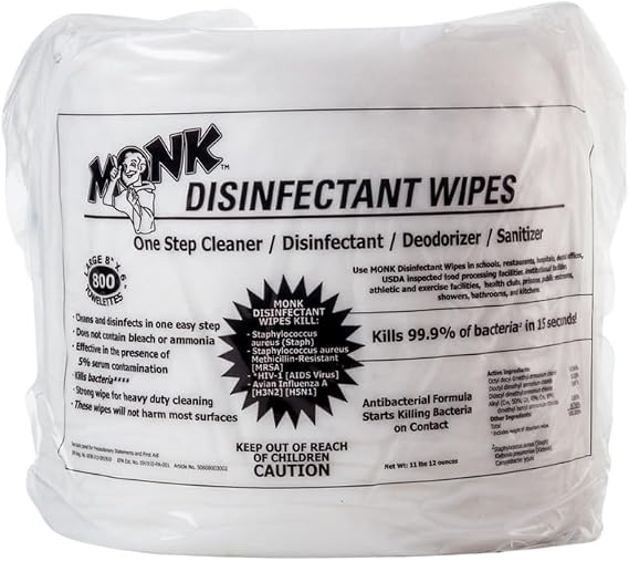 Monk 69800r 800 Count Lemon Breeze Scent Disinfectant Wipes, 1 Pack