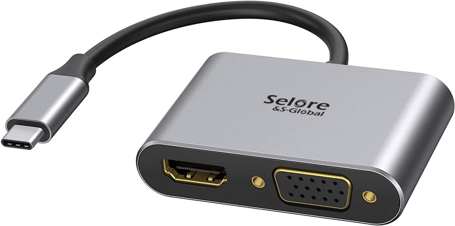 USB C to HDMI VGA Adapter, SELORE 2 in 1 USB C Hub Type C to VGA HDMI UHD Converter Adaptor Dual Screen Display for New iPad Pro, 201820172016 MacBook Pro, Galaxy S9Note 8S8, HP and More