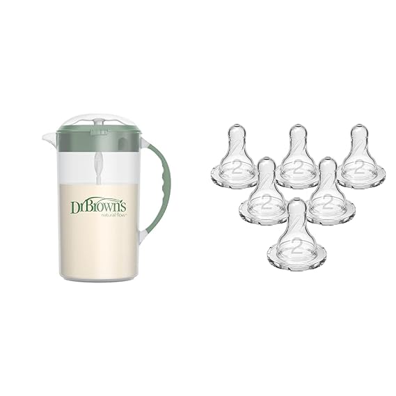 Dr. Brown's Baby Formula Mixing Pitcher with Adjustable Stopper, Locking Lid, No Drip Spout & Dr. Browns Natural Flow Level 2 Narrow Baby Bottle Silicone Nipple, Medium Flow, 3m+