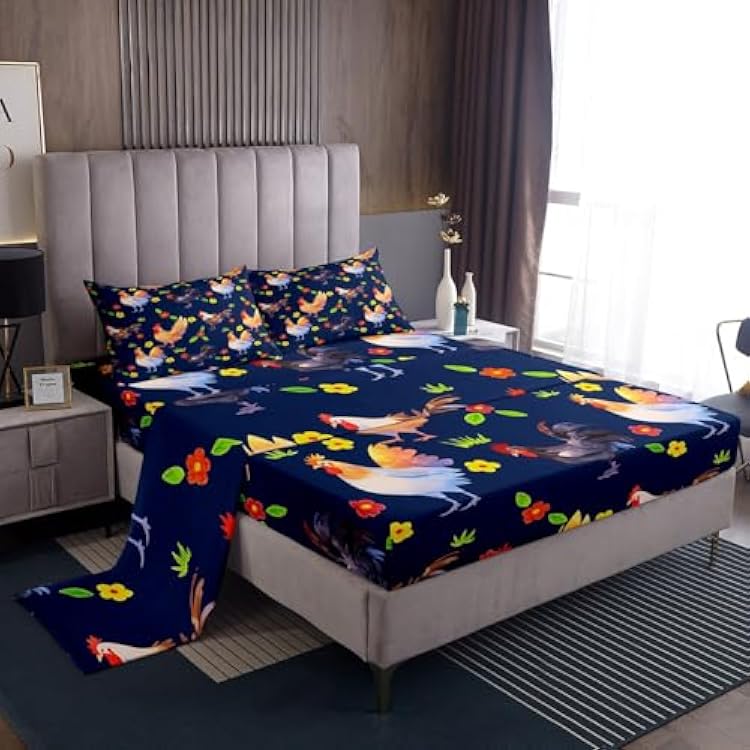 Erosebridal Rooster Sheet Set for Kids Boys Girls Child,Colorful Chicken Bed Sheets Queen Size,Cartoon Botanical Flowers Bedding Set,Farmhouse Animal Fitted Sheet  Top Sheet  2 Pillowcases