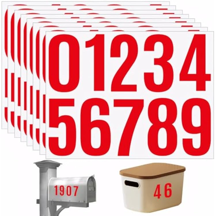 8 Sheets Waterproof Vinyl House Numbers Stickers for Outside Large Mailbox - Self Adhesive Decals for Signs, Cars, Doors, Window, Address - Outdoor Red, 4 Inch