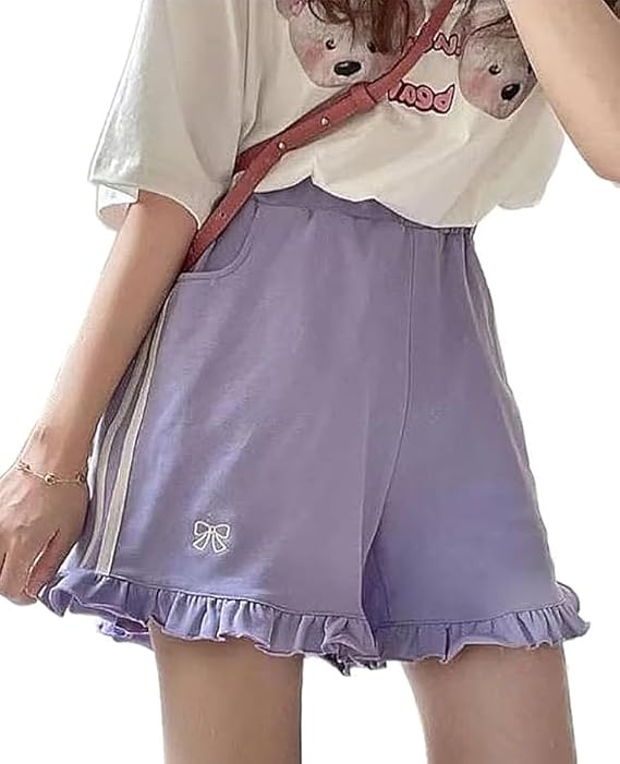 POHADON Women Kawaii Bow Tie Summer Shorts Wide Leg Aesthetic Preppy Clothes Cute Yoga Sweat Shorts Teen Girl Loungewear
