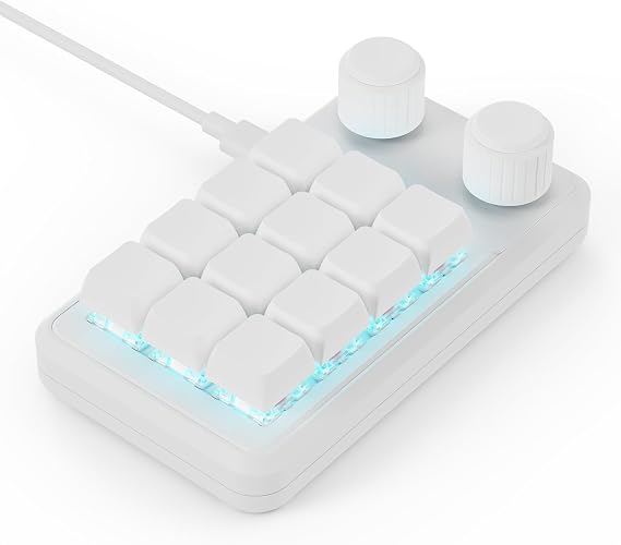 MOSHOU Macro Pad with Macropad Knob, 12-Key Programmable Macro Keypad with 2 Knobs, Hot Swappable Switch Gaming Keyboard, RGB Mini Shortcut Keypad, Wired Programmable Keyboard (White)