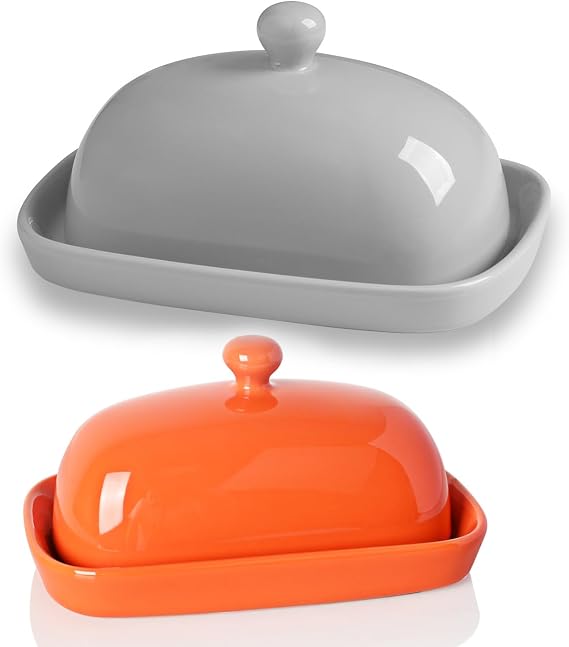 Sweejar Ceramic Butter Dish with Lid for Countertop,Porcelain Butter Keeper with Knob Handle,Butter Container for East/West Coast Butter( Orange and Grey)