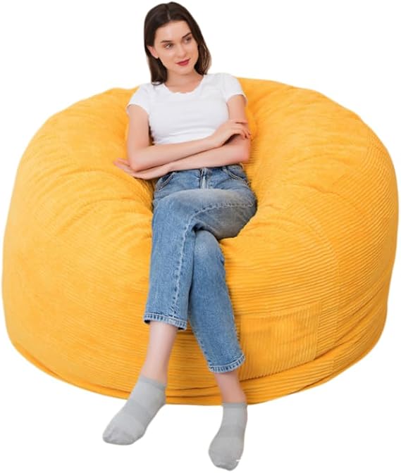 Bean Bag Chairs for Teens Adults, Stuffed Animal Storage Bean Bag Chair Cover, Corduroy Fabric Full Texture Rounded Plump, Lazy Beanbag (No Filler),Yellow,XXL