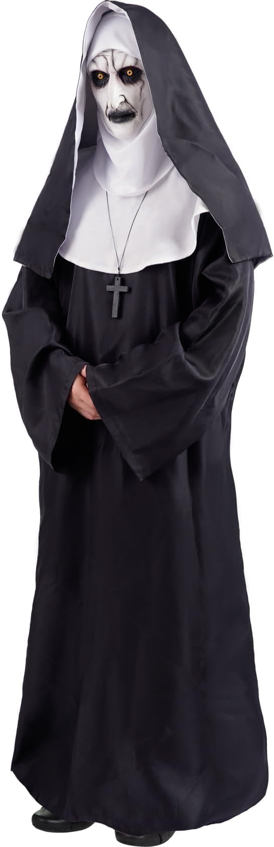 Nun Costume Woman Scary Halloween Evil the Nun Outfit for Women Men | 5Pcs Priest Cosplay Costumes Adult Plus Size Black Habit Suit with Nun Mask, Headpiece, Belt, Necklace for Party Holiday