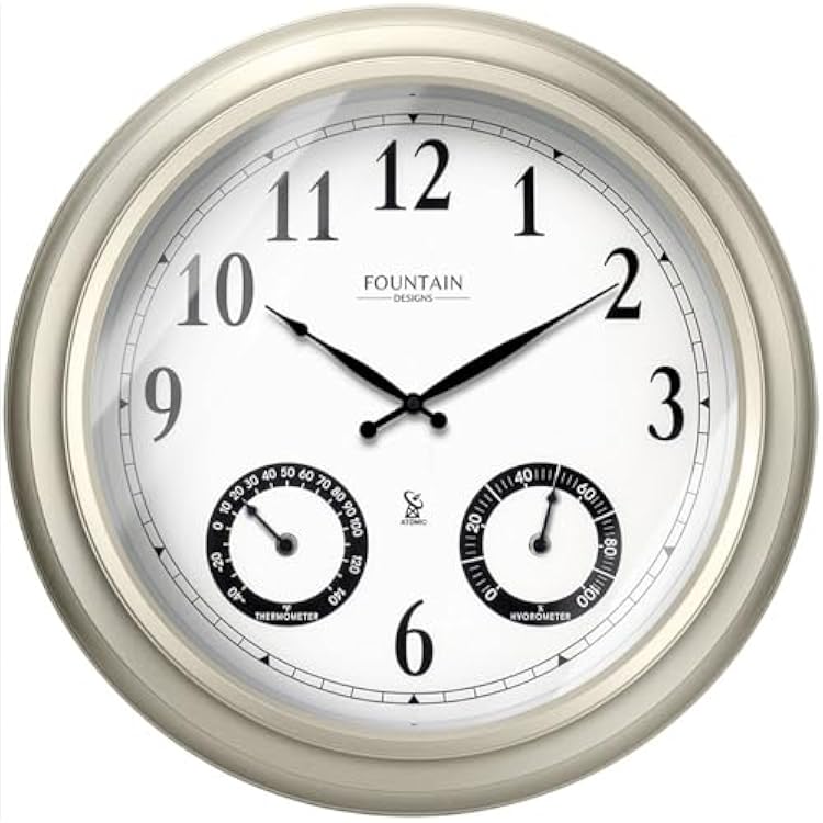 20 Evander Outdoor Atomic Clock with Thermometer & Hygrometer, 3 in 1 Weather Stations, Large Wall Clocks for Living Room Decor,Modern Farmhouse Home Decor Morning Silver
