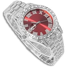 Diamond Watch for Men Guys Iced Out Green/Blue/Red Dial 18MM Wide Wristband 18k Real Gold/White Gold Platinum Plated, with Cuban Link Chain Set Optional, Gift for Boyfriend Husband