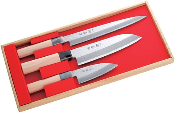 Yaxell Seki Tohei-saku Knife Set, Santoku Knife, Sashimi Knife, Small Deba Knife, Made in Japan, For Beginners, Single Edge, Japanese Knife, Fish Filleting, Tsuchime Hammered Finish, Stainless Steel