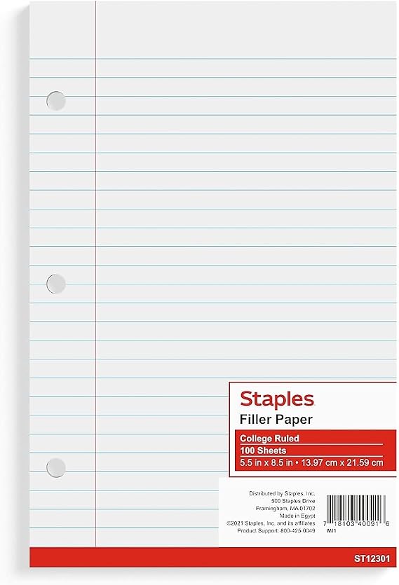 Staples College Ruled Filler Paper, 5.5x8.5 In, 3-Hole, 300/Carton | For use in 3-ring binders for school and everyday note-taking.