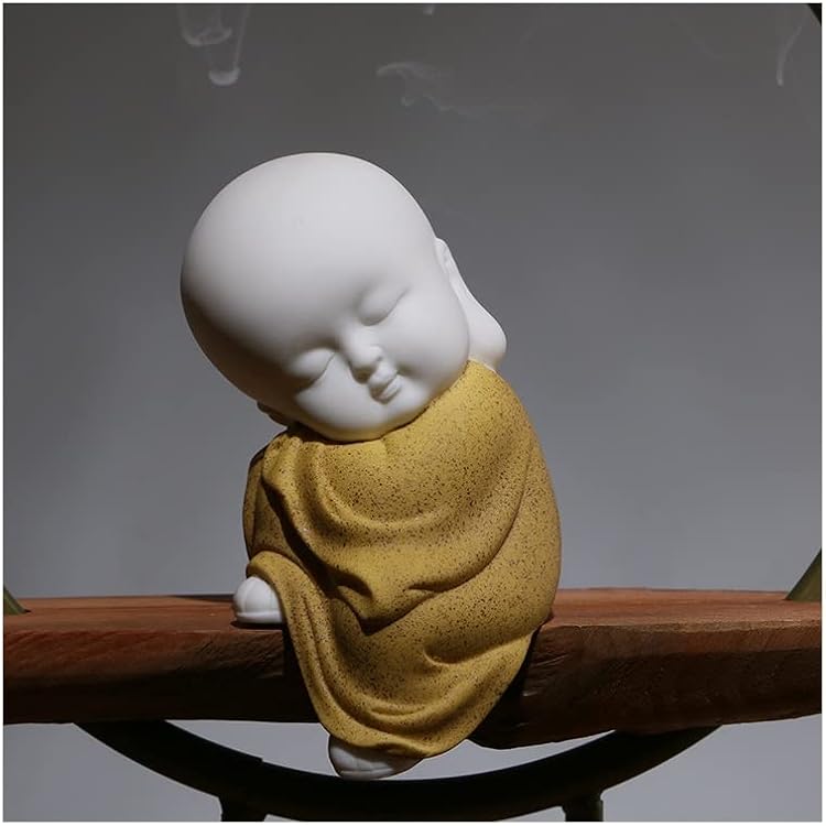 White Ceramic Little Cute Buddha Statue, Monk Figurine Creative Crafts, Dolls Ornaments Gift Classic Delicate Ceramic Crafts Tea Accessories Yellow