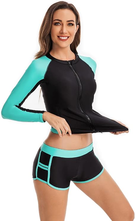 Akaeys Women's Two Piece Rash Guard Swimsuit Set Long Sleeve Zipper Swim Shirt with Boyshort Bottom