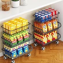 3-Tier Rolling Pantry Cart with Wheels, Stackable Wire Storage Floor Organizer for Kitchen Pantry Snack Shelves, Fruit Basket Stand, Vegetable Storage Rack for Food Snacks Onion Potato, Black, 2 Pack
