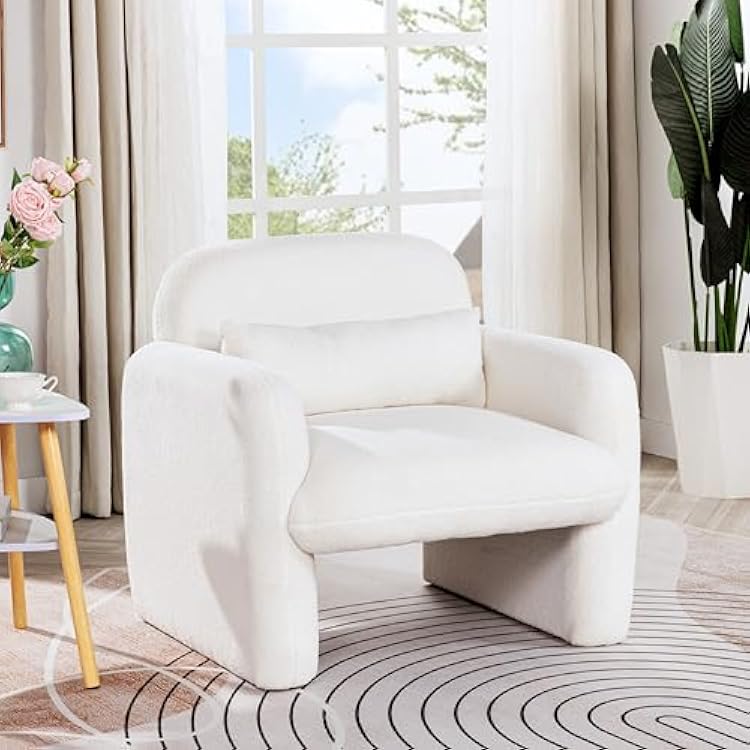 Modern Teddy Fleece Fabric Accent Chair - Comfy Upholstered Armchair with Waist Pillow, Cozy Fluffy Single Sofa for Living Room Bedroom Office Corner, Easy Assembly Beige