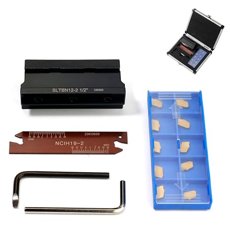 OSCARBIDE 1/2''Self-Lock Block SLTBN12-2 with Adjustable Blade NCIH19-2,and Tin Coated 10 pcs GTN-2 Carbide Inserts Parting Grooving Cut-Off Tool Set