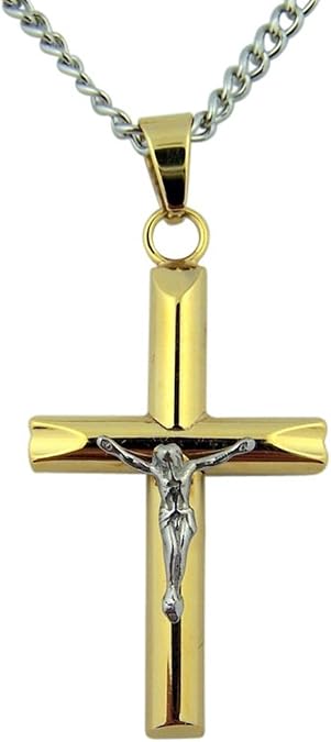 DTC Gold Plate and Stainless Steel Christian Cross Crucifix Pendant, 1 3/4 Inch