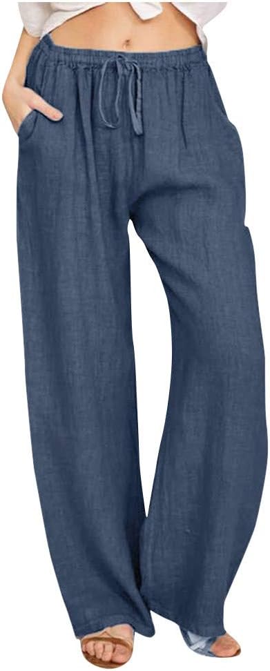 Nantdog Linen Pants Women 2025 Summer Beach Lounge Palazzo Trousers Loose Elastic Plus Size Drawstring with Pockets Pants