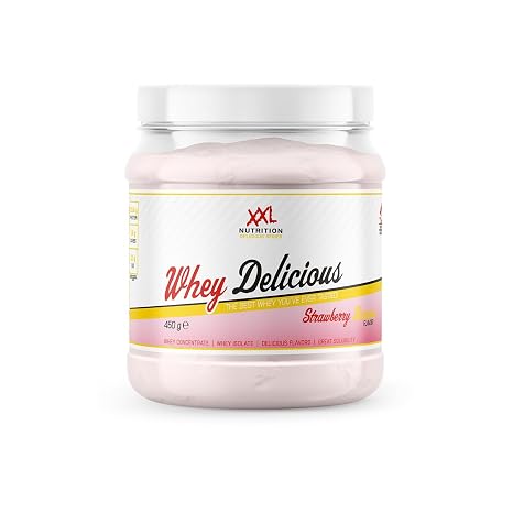 XXL Nutrition - Whey Delicious Protein Pulver - Leckerste Shake - Eiweiss Pulver Whey Protein Isolat & Konzentrat - Hohe Qualität - 785% Proteingehalt - Erdbeere Banane - 450 Gramm