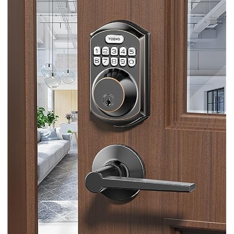 TEEHO TE001L Keyless Entry Door Lock with 2 Handles - Electronic Keypad Deadbolt with Door Lever, Front Door Handle Sets, Auto Lock, Easy Installation, Oil Rubbed Bronze
