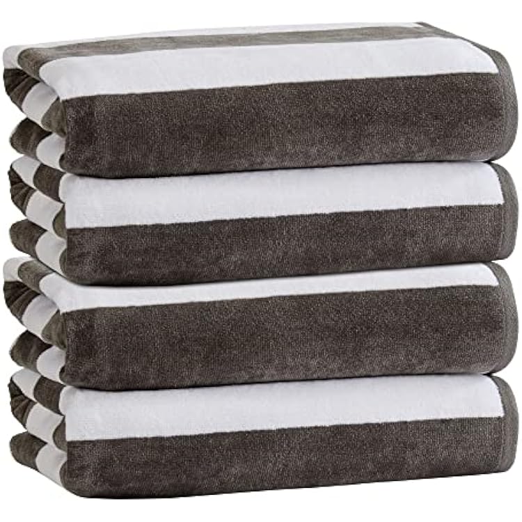 Market & Place 100% Cotton Velour Cabana Stripe Beach Towel Set 30 x 60 - Ultra Soft, Plush, Highly Absorbent Towels for Pool, Beach, Swimming. Marina Collection 4-Pack, Charcoal
