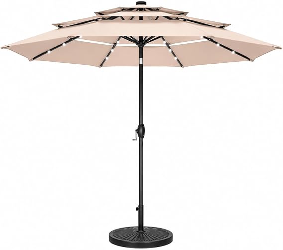 PHI VILLA 10ft 3 Tier Outdoor Patio Umbrella with Solar Lights, Beige | Auto-tilt, Large market table umbrella, 24pcs LED lights, 8sturdy ribs, 1.5" pole, UV resistant, for Lawn Poolside Garden