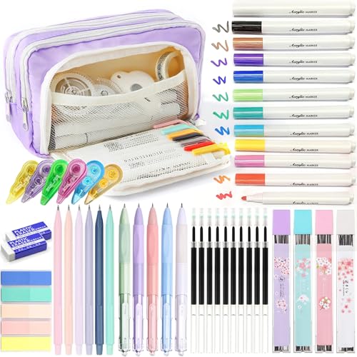 42 PCS Aesthetic School Supplies with Large Pencil Case, 12 Marker Pens with box, 5 Black Ink Gel Pens, 6 Mechanical Pencils Set, Sticky Notes, Complete Essentials Stationery Kit for Students