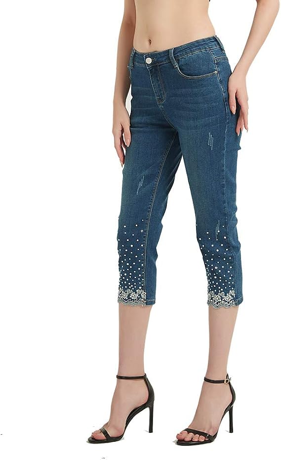 Lisskolo Women's Stretch Denim Jean Capris Rhinestone Skinny Cropped